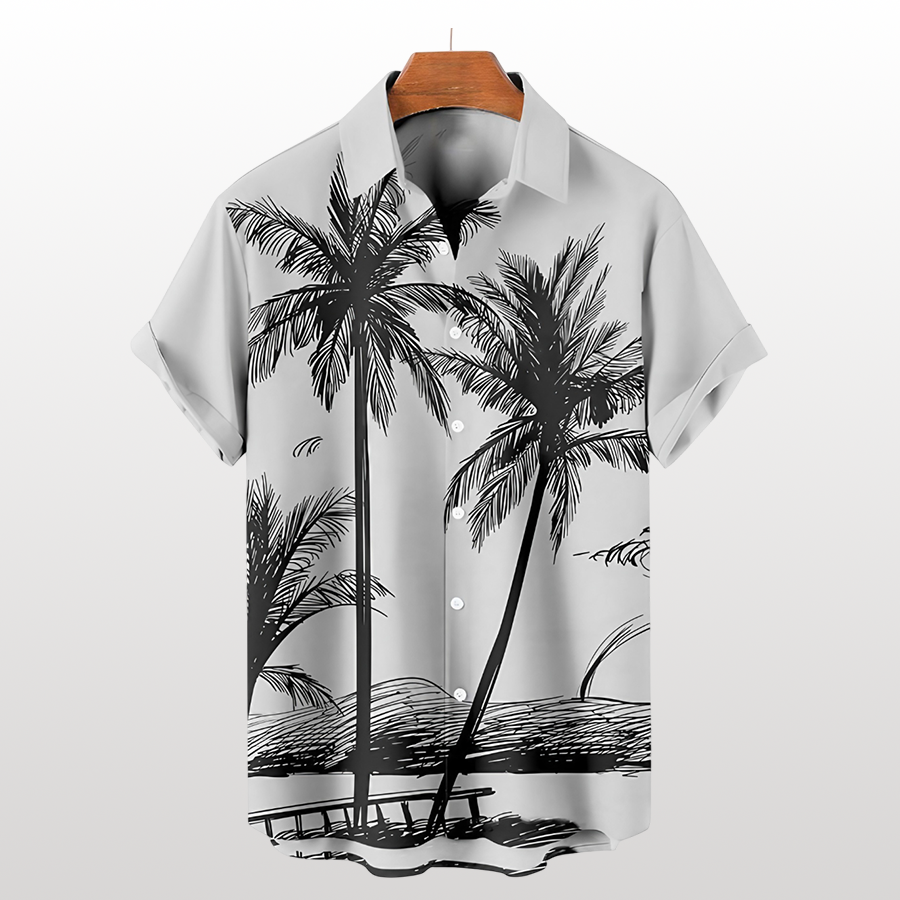 Camisa hawaiana de verano con plantas tropicales y cocoteros