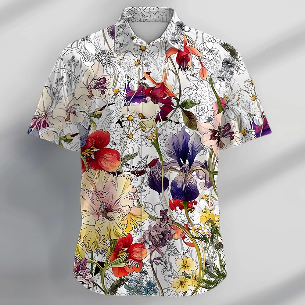 Camisa hawaiana de verano con botones y flores tropicales y rosas