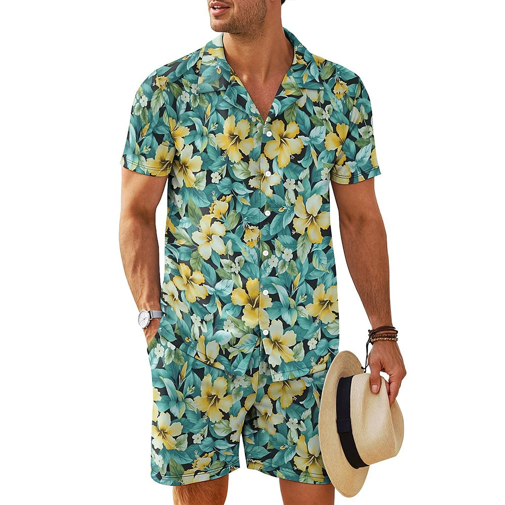 Floral Cuban Collar Vacation Shirt Set