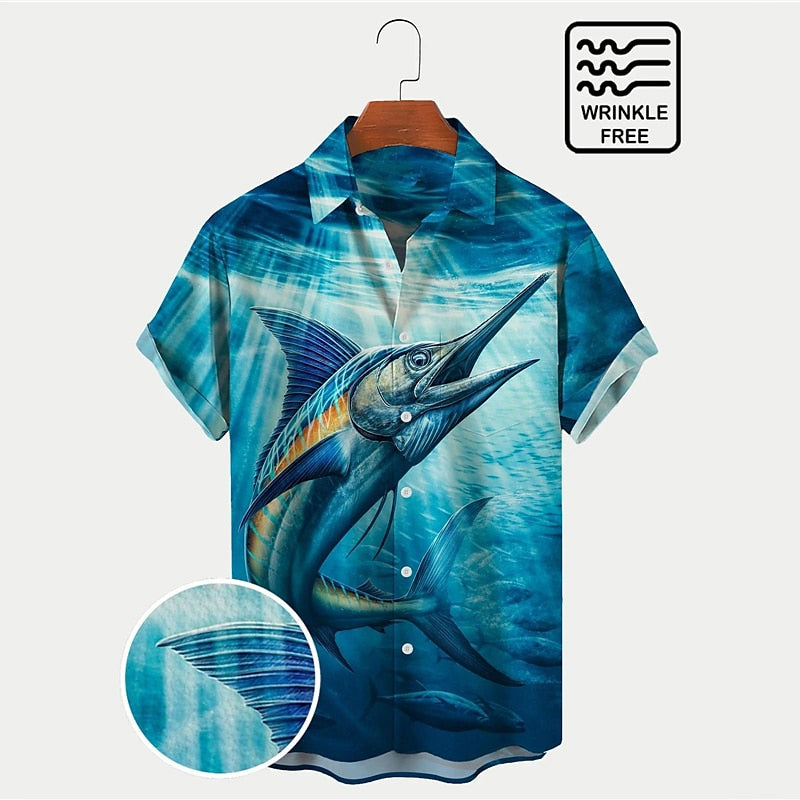 Camisa hawaiana de verano con estampado de animales, peces y paisaje marino
