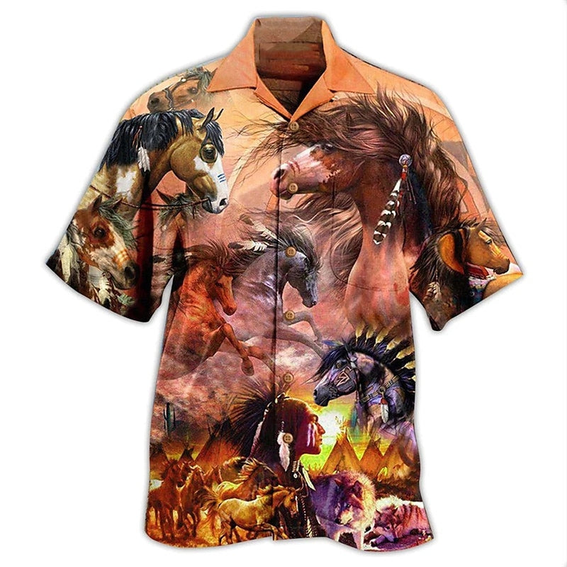 Camisa hawaiana de verano con botones y diseño de carreras de caballos