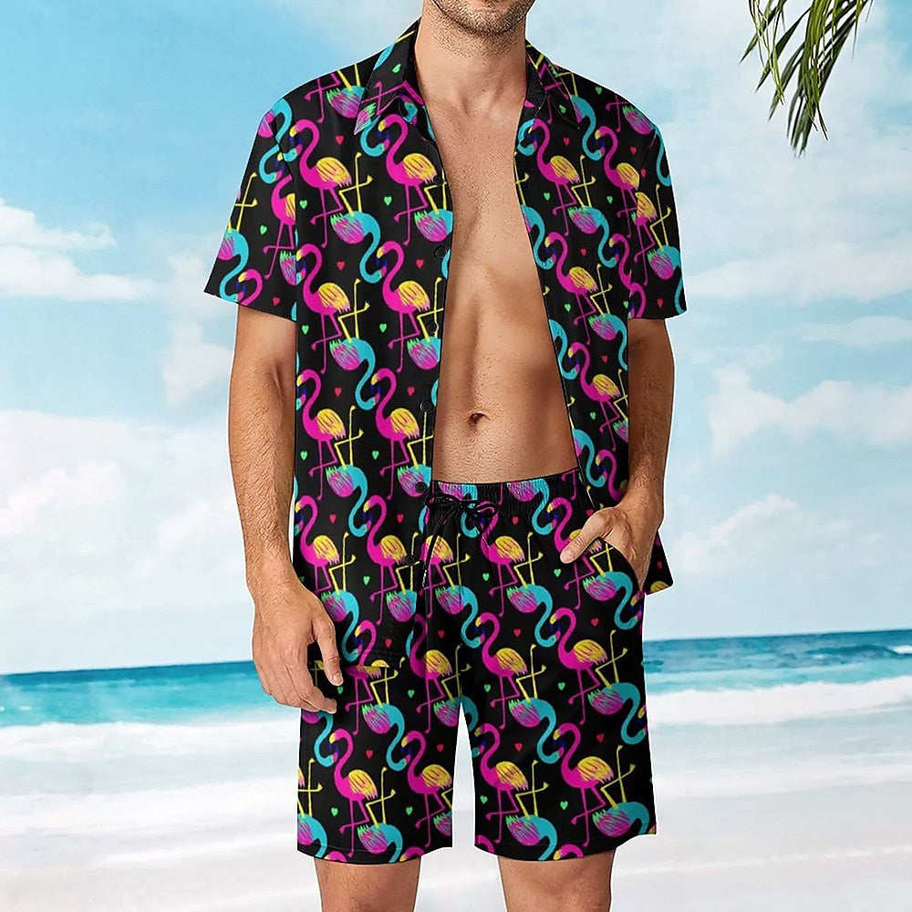Flamingo Print Two Piece Casual Vacation Shirt