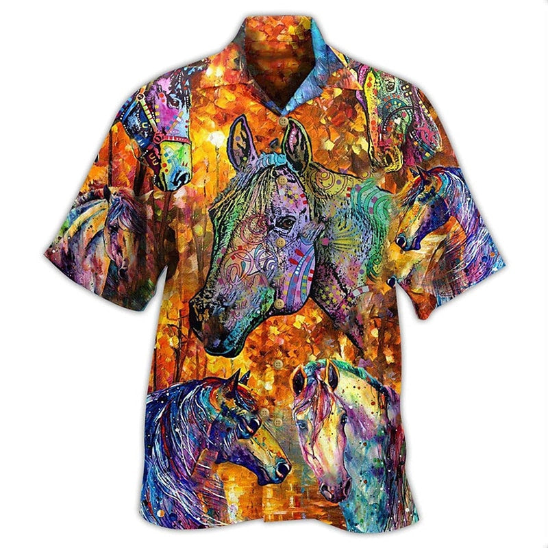 Camisa hawaiana de verano con botones y diseño de carreras de caballos
