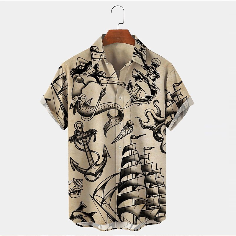 Camisa con botones y ancla de sirena, camisa de manga corta, moda vintage