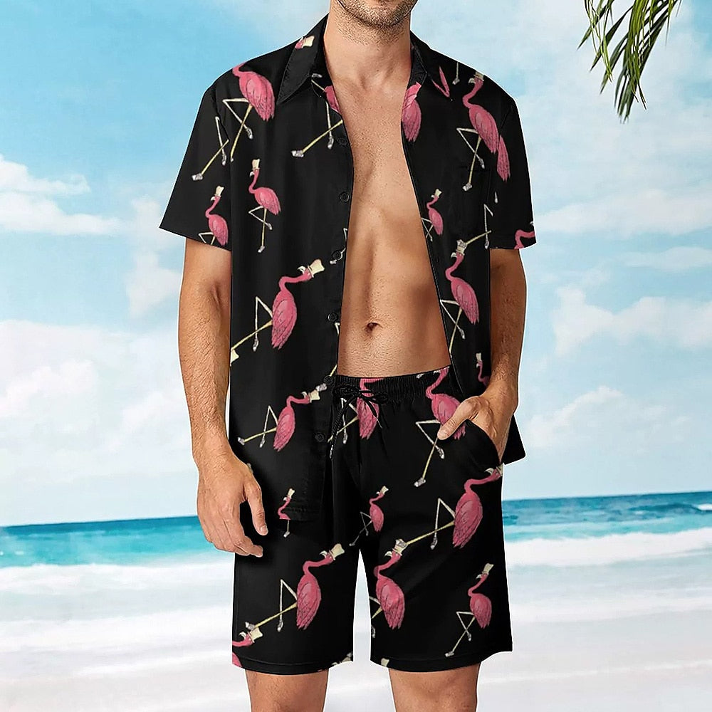 Hawaiian Flamingo Vacation Casual Shirt Set Black