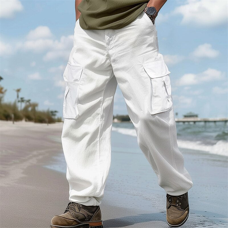 Linen Cargo Straight-Leg Pants