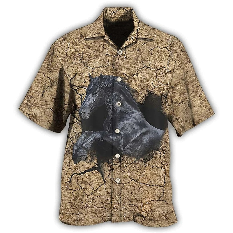 Camisa hawaiana de verano con botones y diseño de carreras de caballos