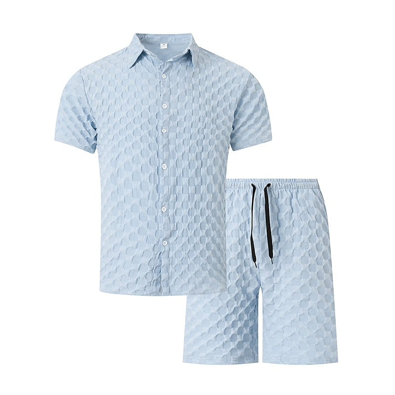 Solid Color Plaid Summer Casual Shirt Set