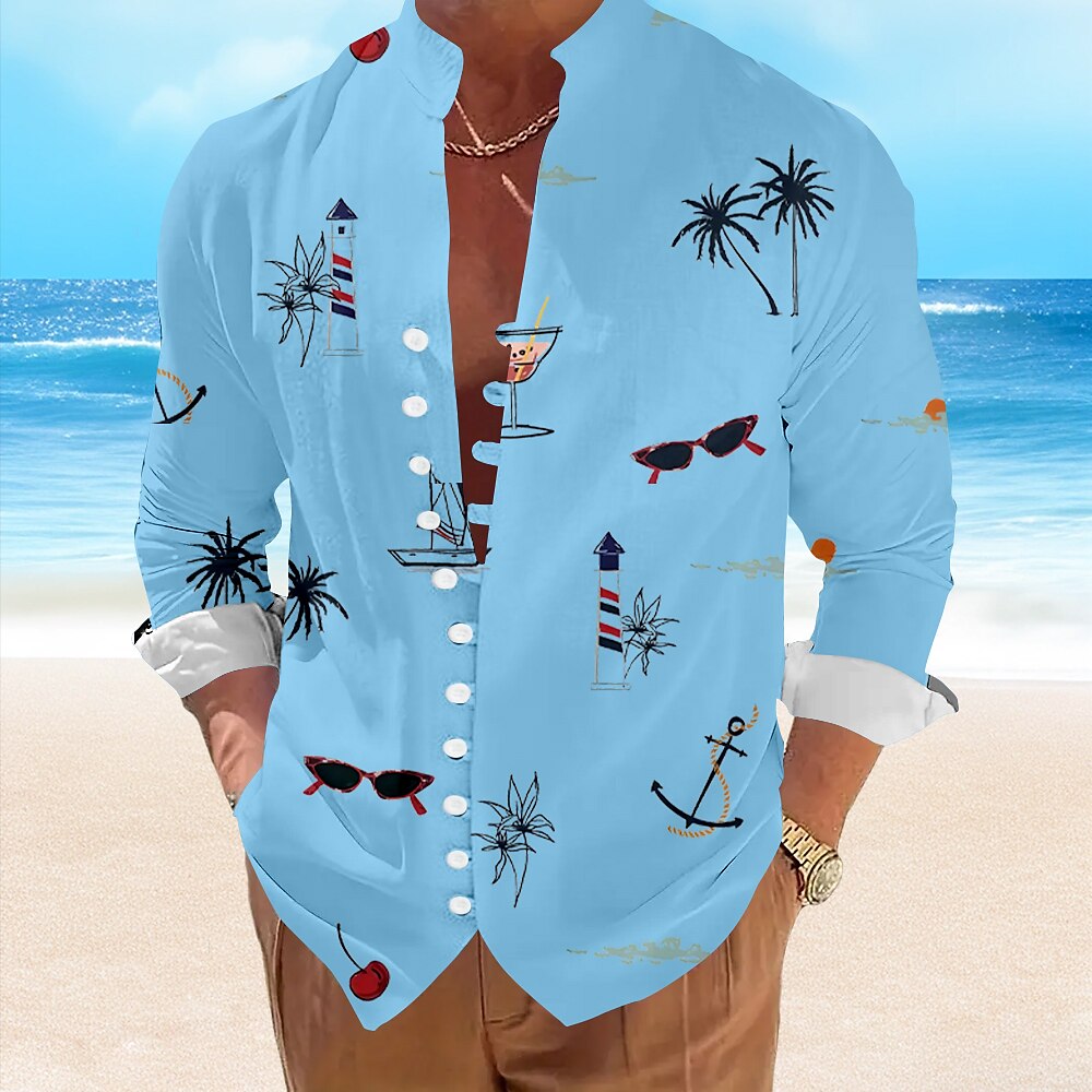 Coconut Tree Tropical Standing Collar Button Up Shirt