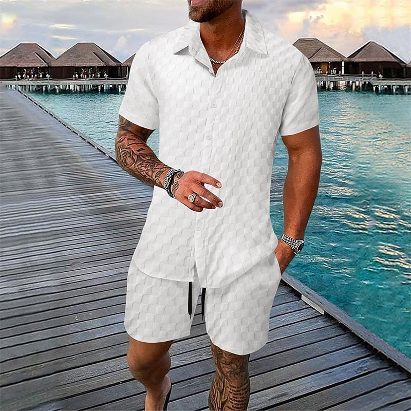 Solid Color Plaid Summer Casual Shirt Set