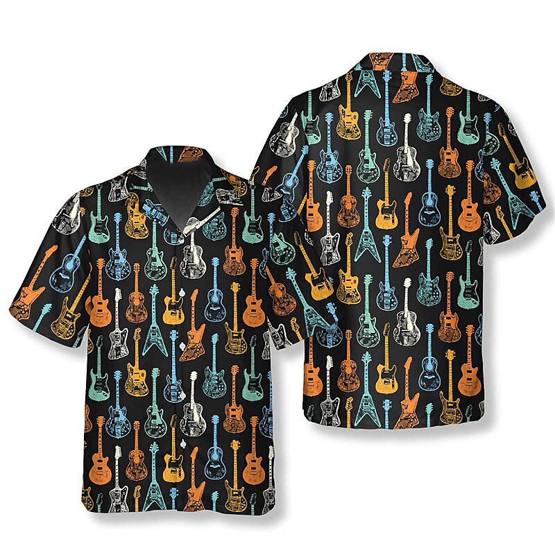 Camisa de guitarra Camisa hawaiana de verano Camisa abotonada de manga corta