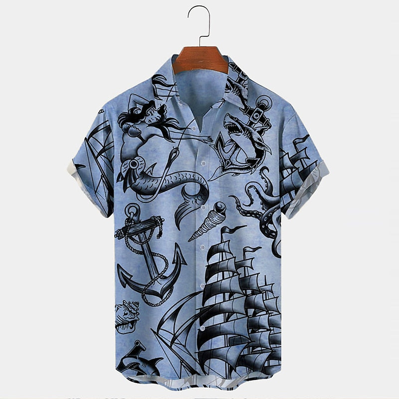 Camisa con botones y ancla de sirena, camisa de manga corta, moda vintage