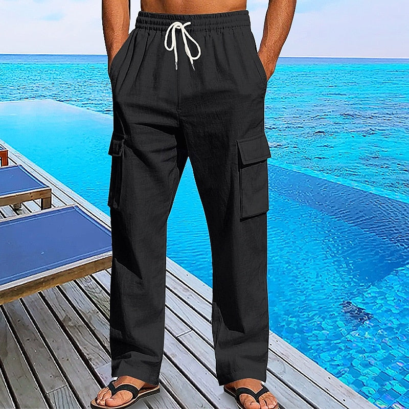 Linen Cargo Straight-Leg Pants