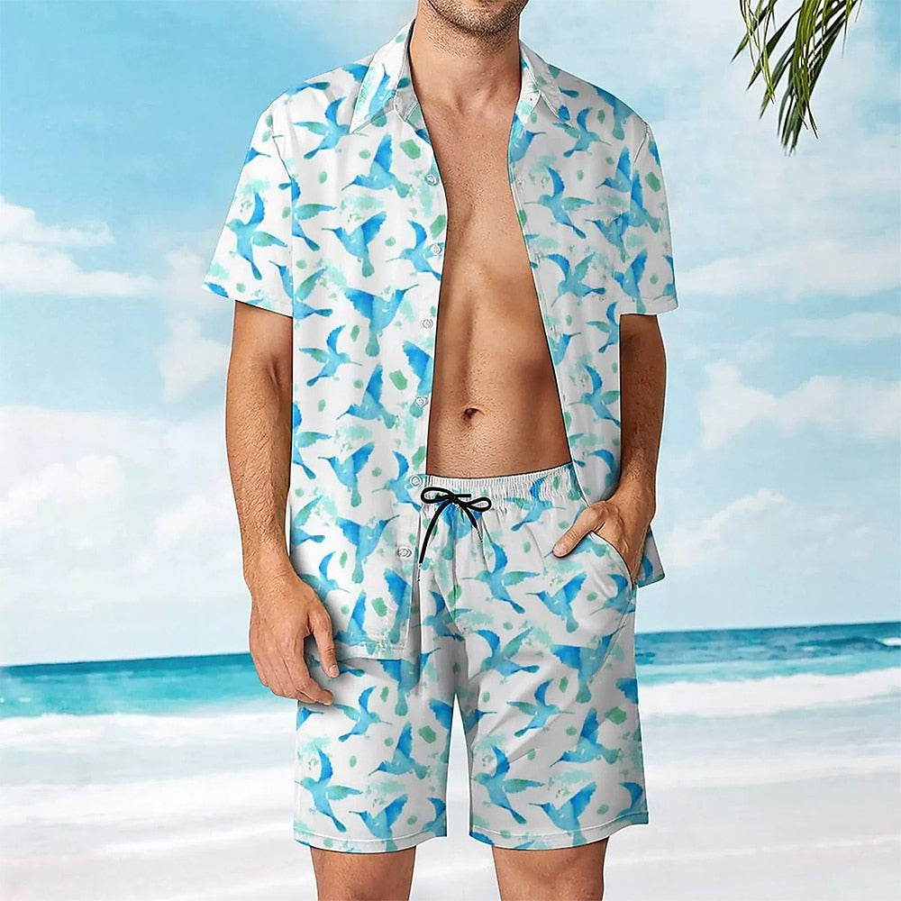 Bird Print Beach Shirt Set Blue