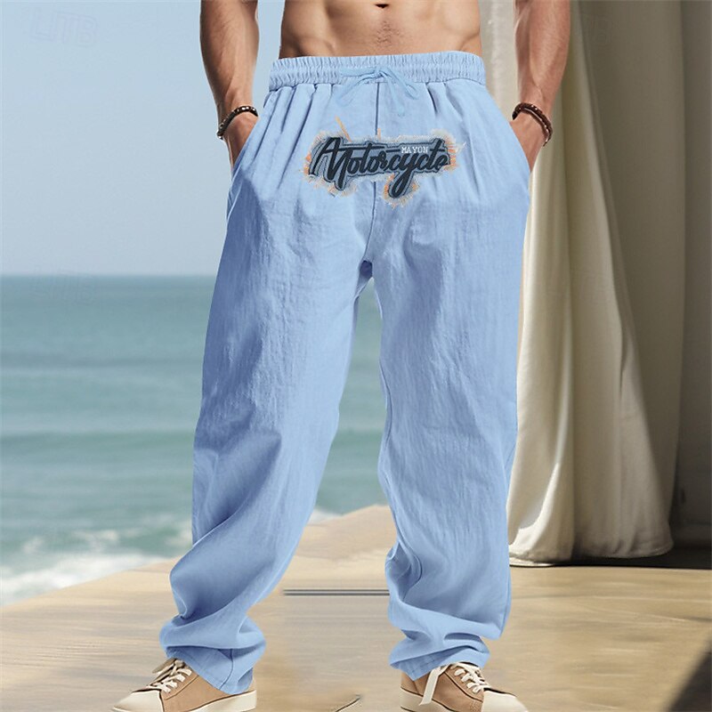 Embroidered Linen Drawstring Beach Pants