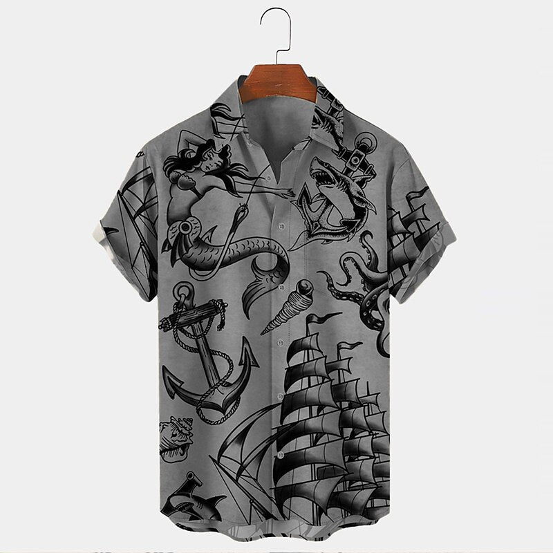 Camisa con botones y ancla de sirena, camisa de manga corta, moda vintage