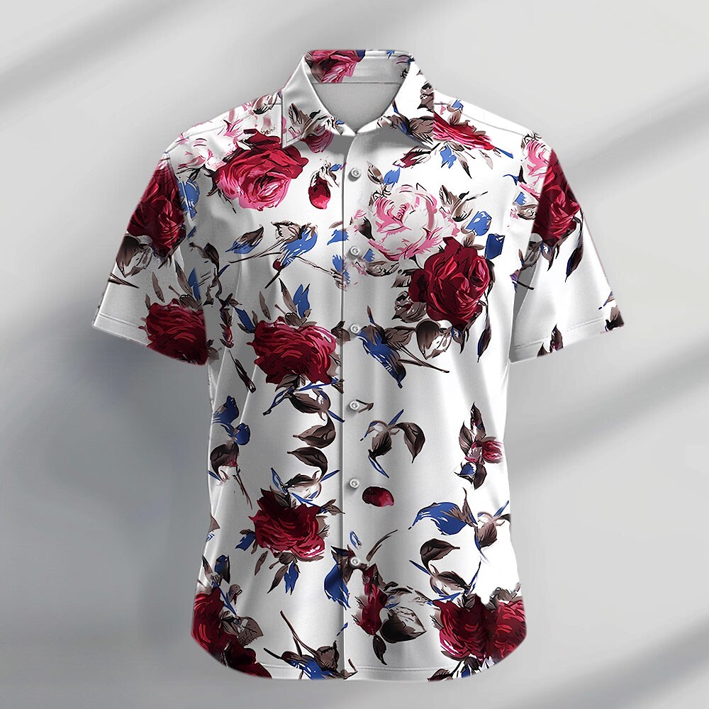 Camisa hawaiana de verano con botones y flores tropicales y rosas