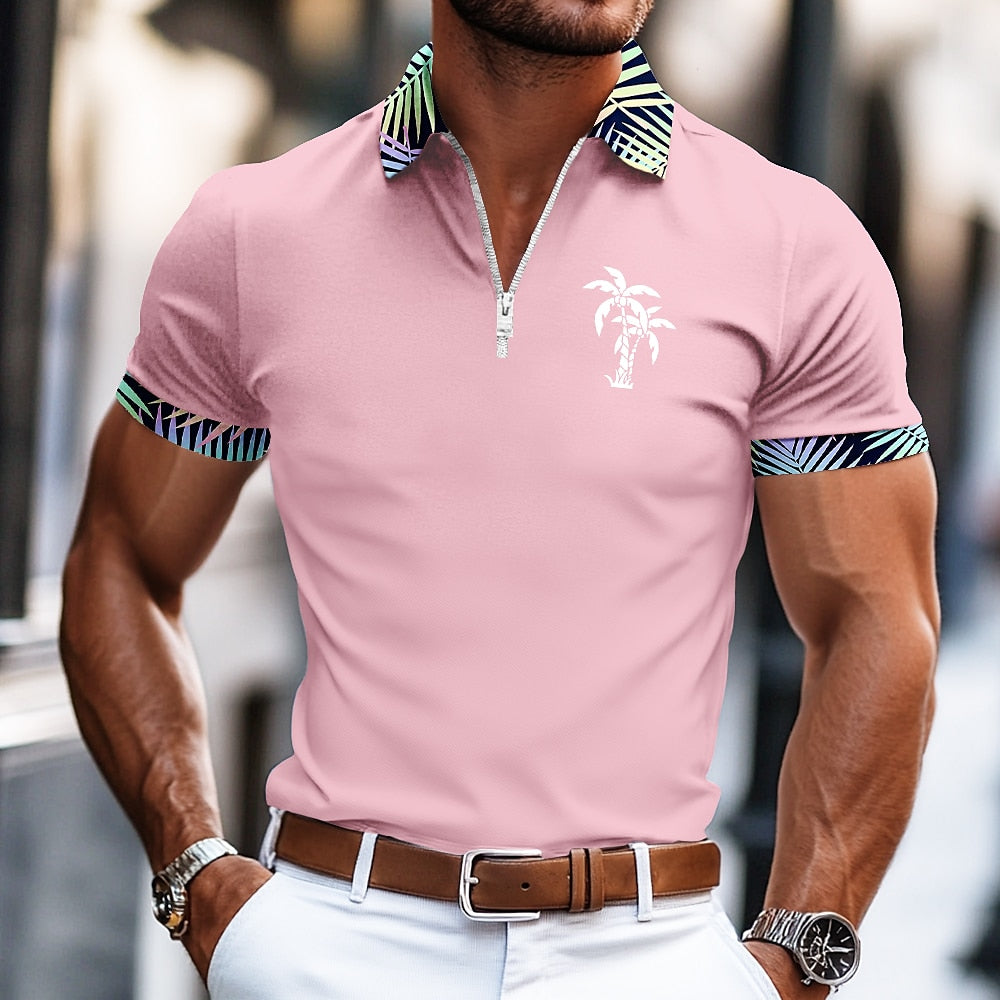 Palm Tree Zip Polo Casual Shirt Summer