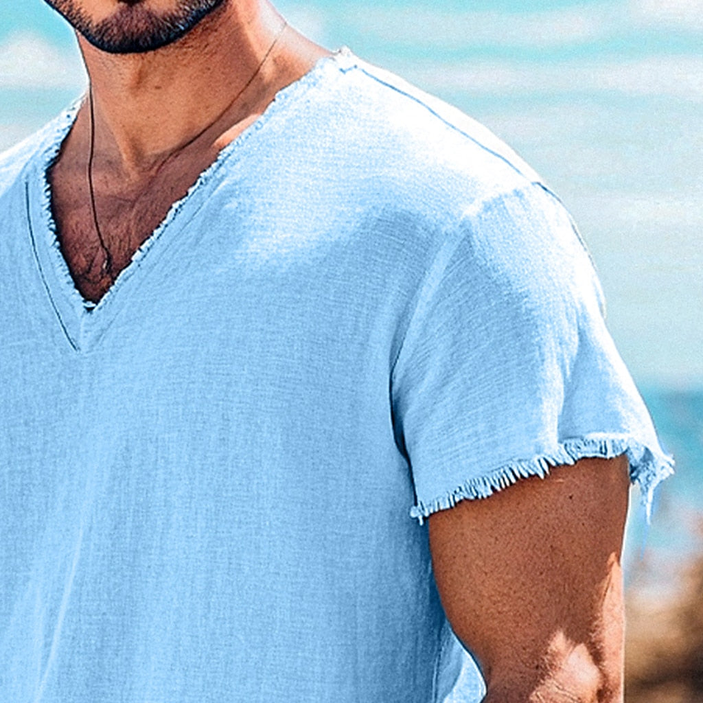 Linen V-Neck T-Shirt Summer Casual