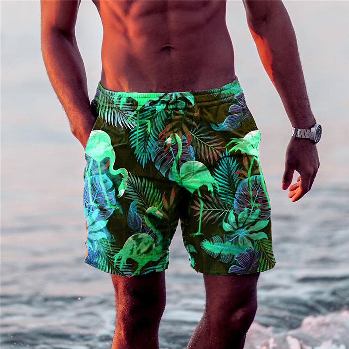 Leaf Flamingo Graphic Prints Board Shorts