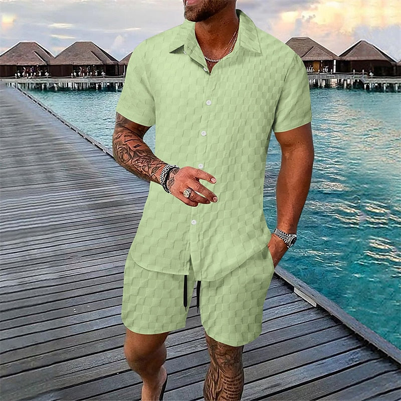 Solid Color Plaid Summer Casual Shirt Set