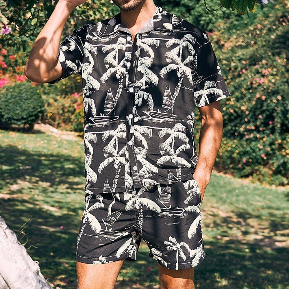Palm Tree Vacation Casual Shirt Set Black