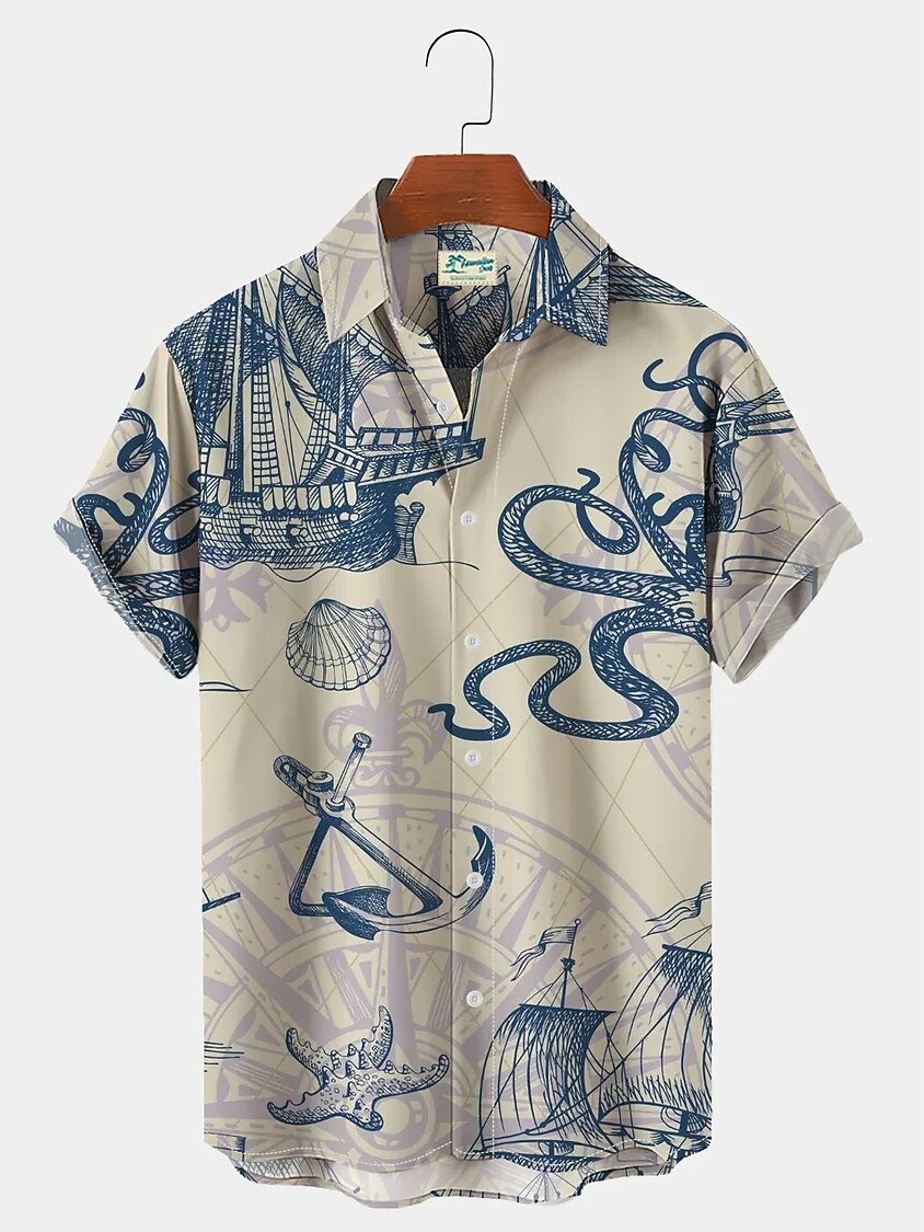 Camisa con botones y ancla de sirena, camisa de manga corta, moda vintage