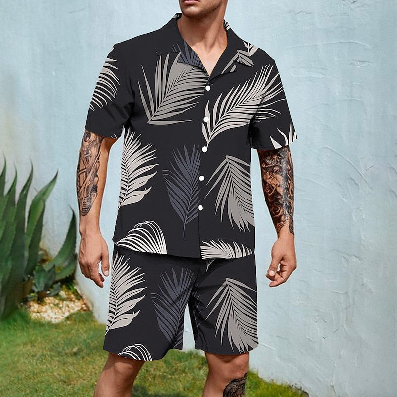 Graphic Leaves 2-Piece Cuban Shirt Set