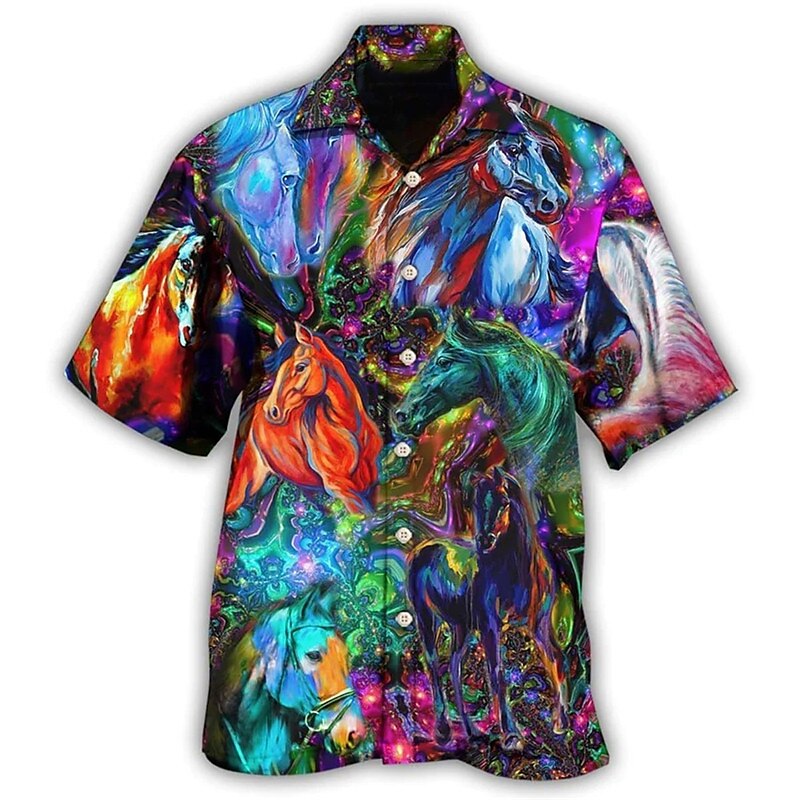Camisa hawaiana de verano con botones y diseño de carreras de caballos