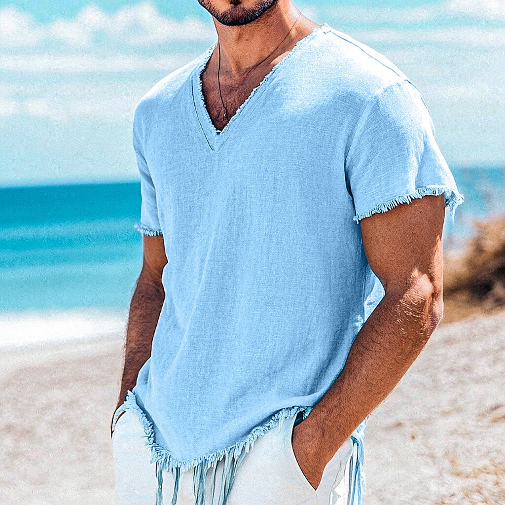 Linen V-Neck T-Shirt Summer Casual