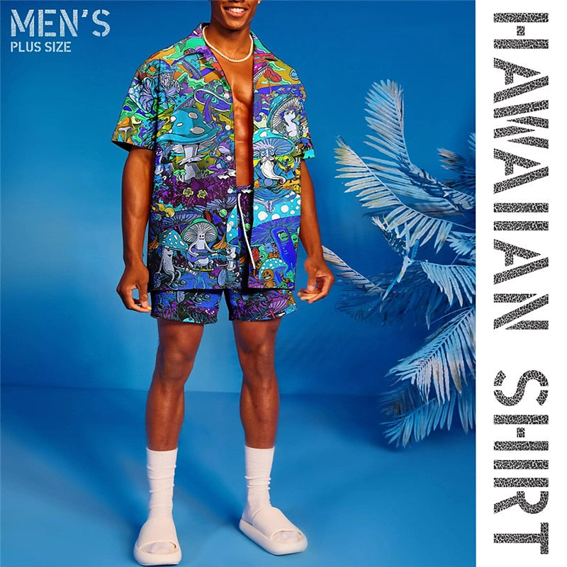 Graphic Mushroom Print Hawaiian Shirt Set