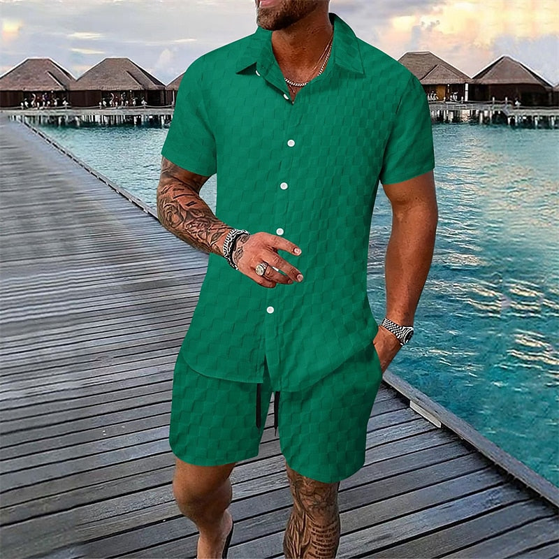 Solid Color Plaid Summer Casual Shirt Set