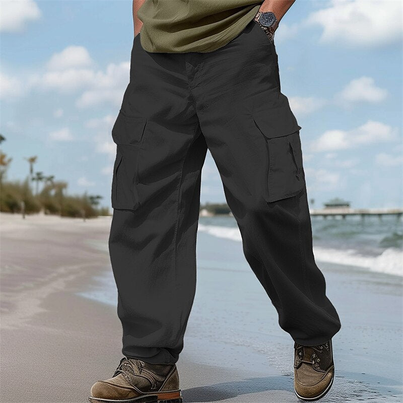 Linen Cargo Straight-Leg Pants