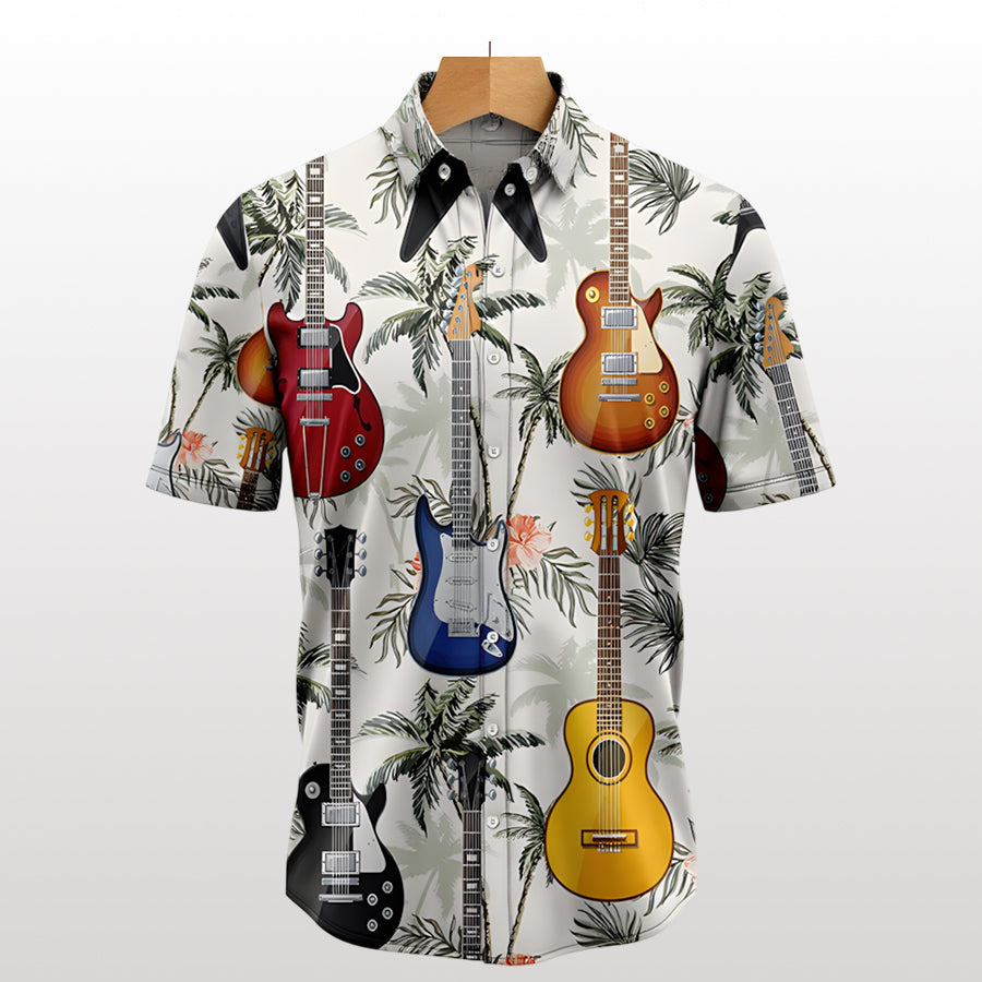Camisa hawaiana de verano con notas musicales de guitarra, camisa abotonada de manga corta