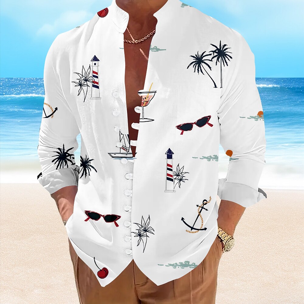 Coconut Tree Tropical Standing Collar Button Up Shirt