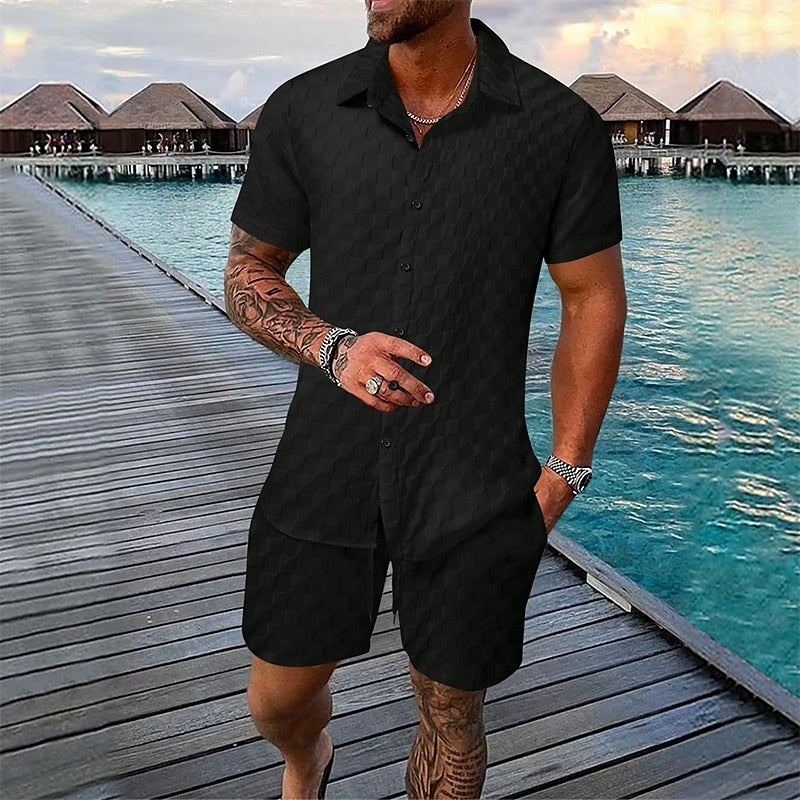 Solid Color Plaid Summer Casual Shirt Set