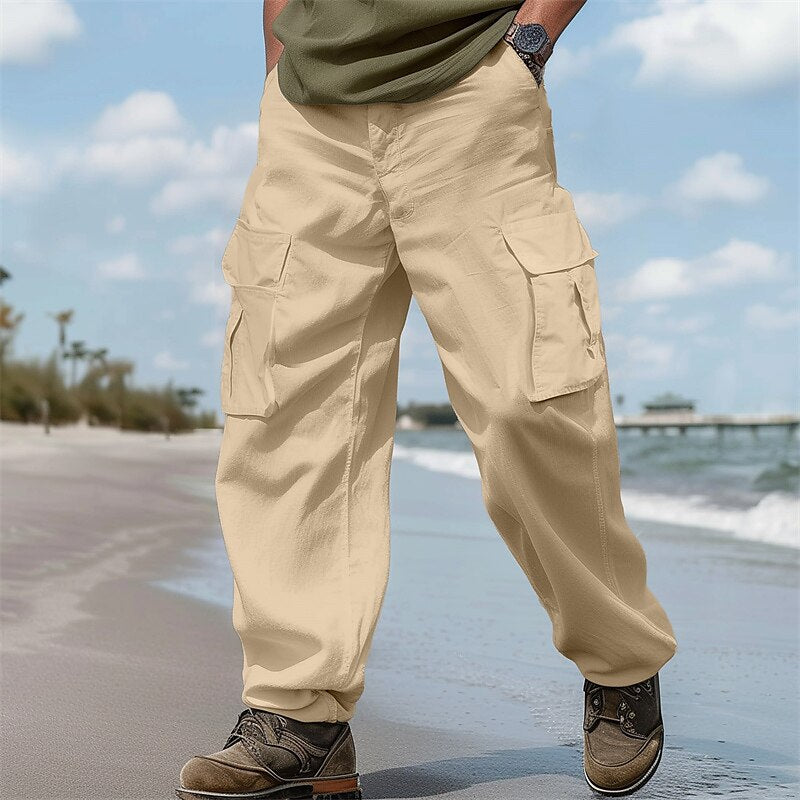Linen Cargo Straight-Leg Pants