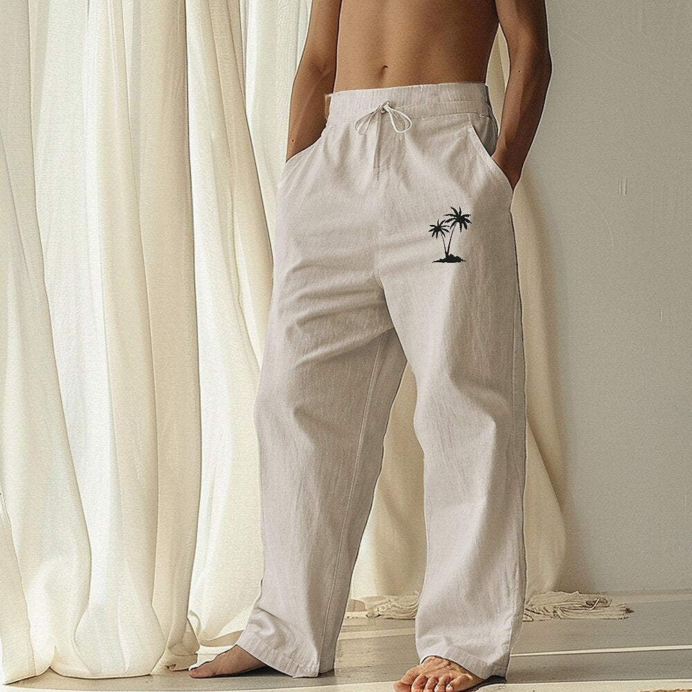 Hawaiian Coconut Tree Linen Wide-Leg Pants
