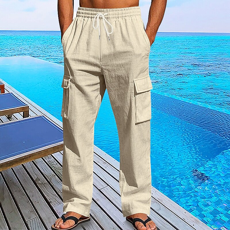 Linen Cargo Straight-Leg Pants