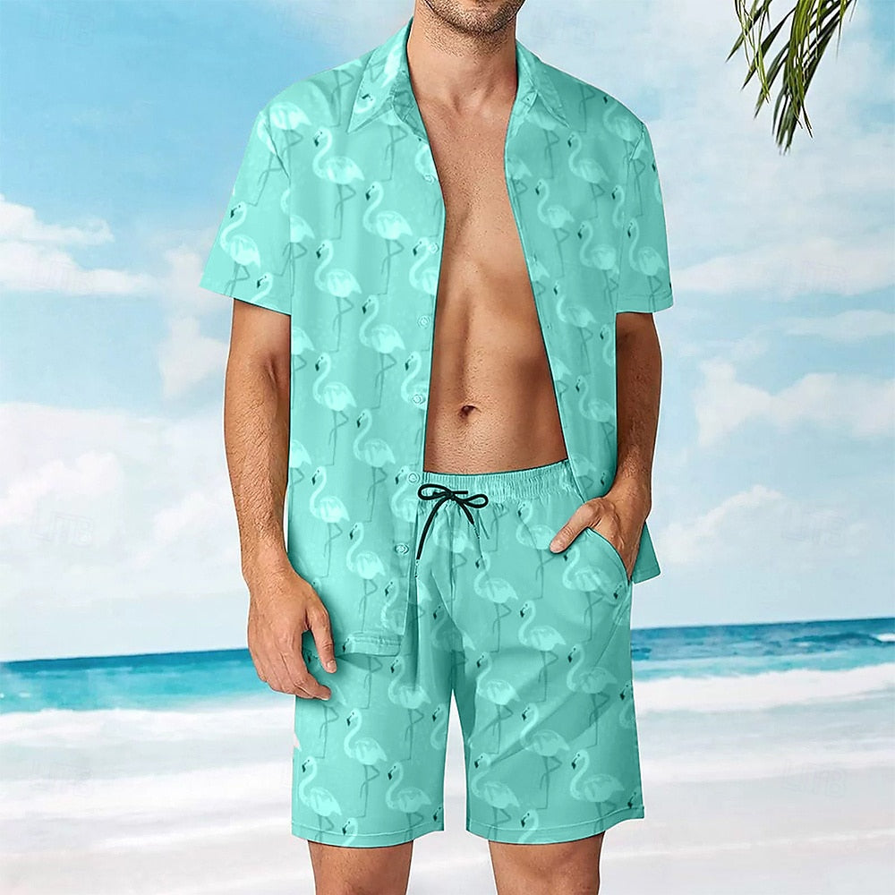 Pink Flamingo Print Shirt and Shorts Set