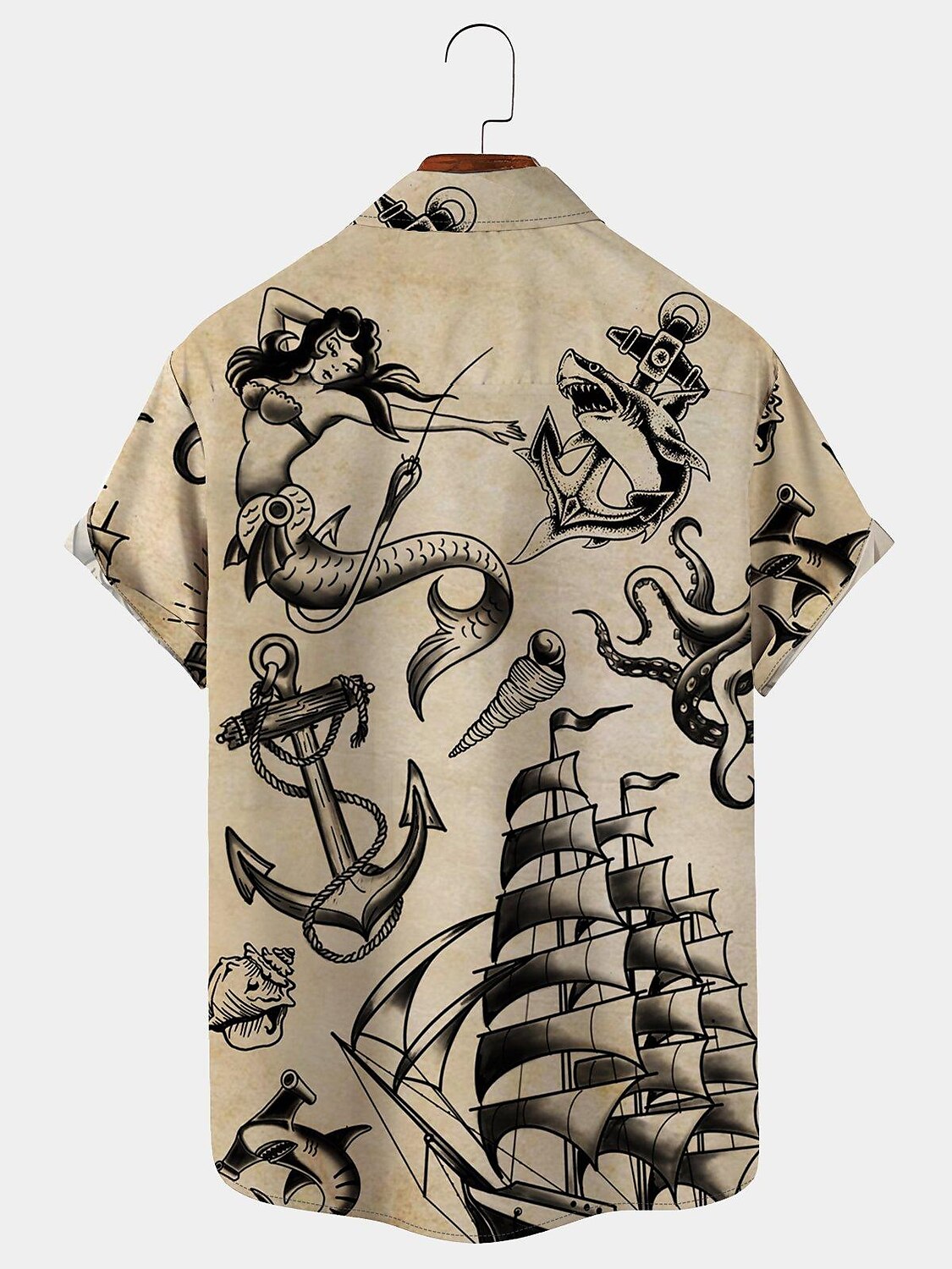 Camisa con botones y ancla de sirena, camisa de manga corta, moda vintage