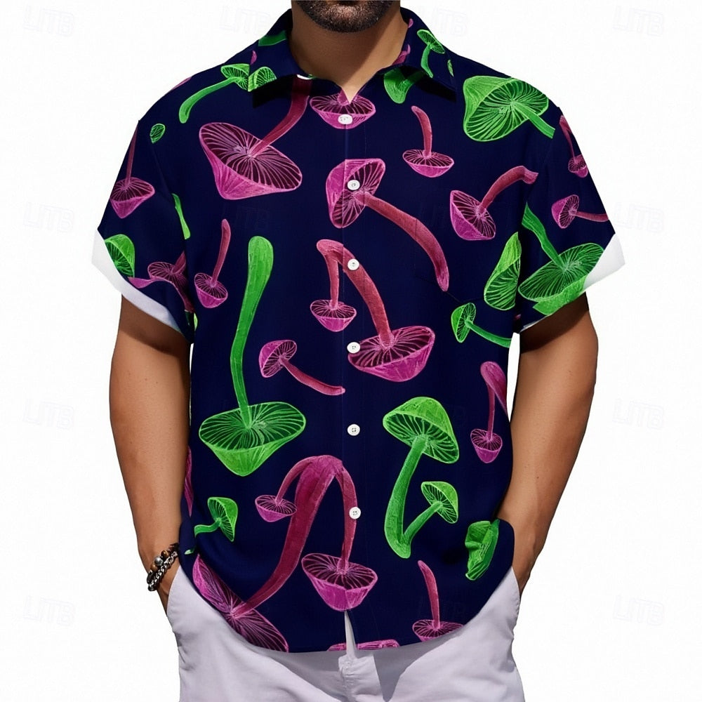 Camisa con botones estilo hongo, estilo hippie, informal, de manga corta, estilo abstracto, para verano