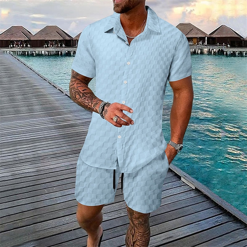 Solid Color Plaid Summer Casual Shirt Set