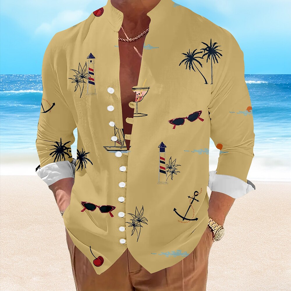 Coconut Tree Tropical Standing Collar Button Up Shirt