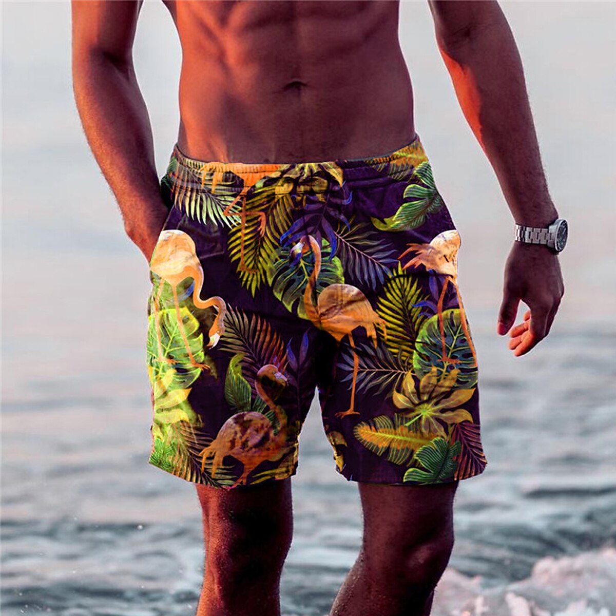Leaf Flamingo Graphic Prints Board Shorts