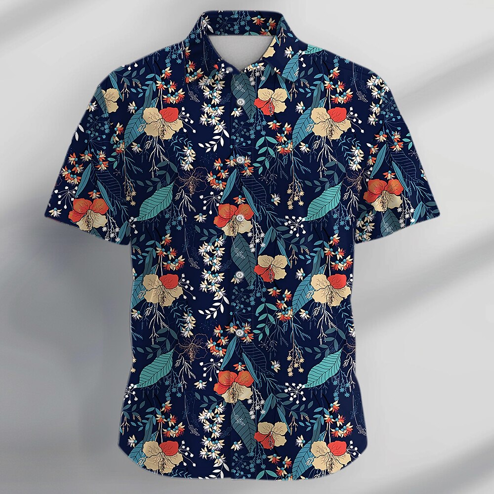 Camisa hawaiana de verano con botones y flores tropicales y rosas