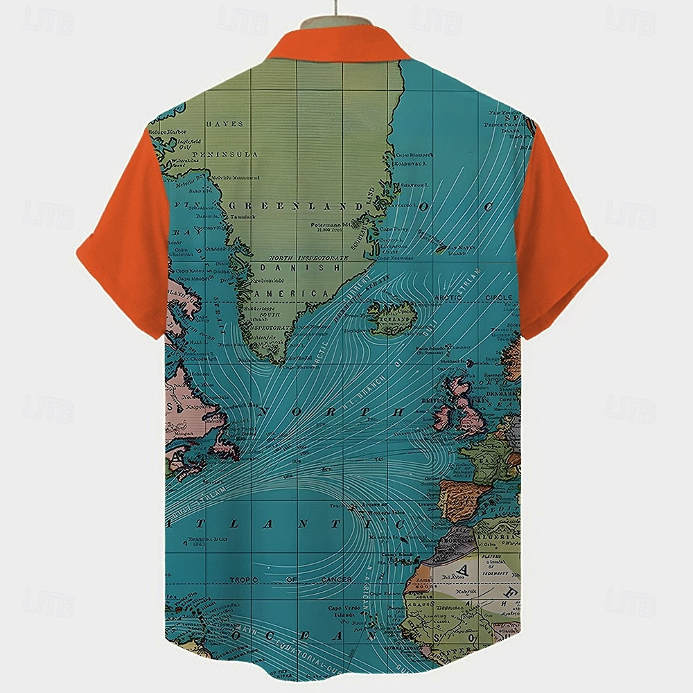 Camisa informal con botones y manga corta con mapa del mundo