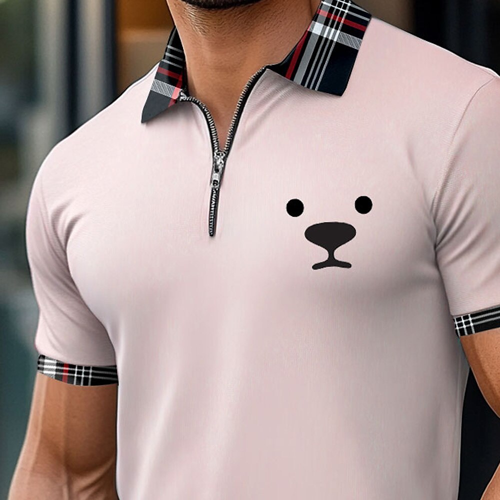 Dog Print Zip Polo Shirt Casual Summer Wear