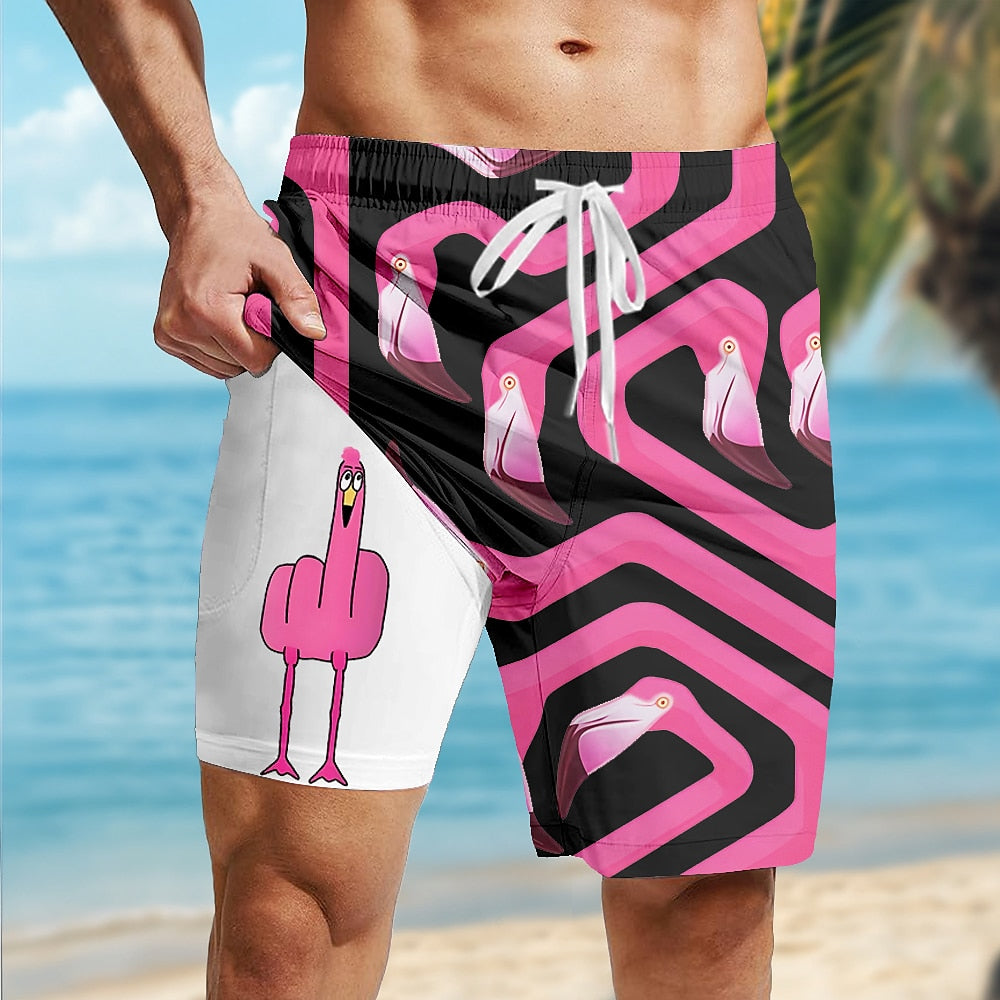 Flamingo Bird Funny 2-in-1 Board Shorts