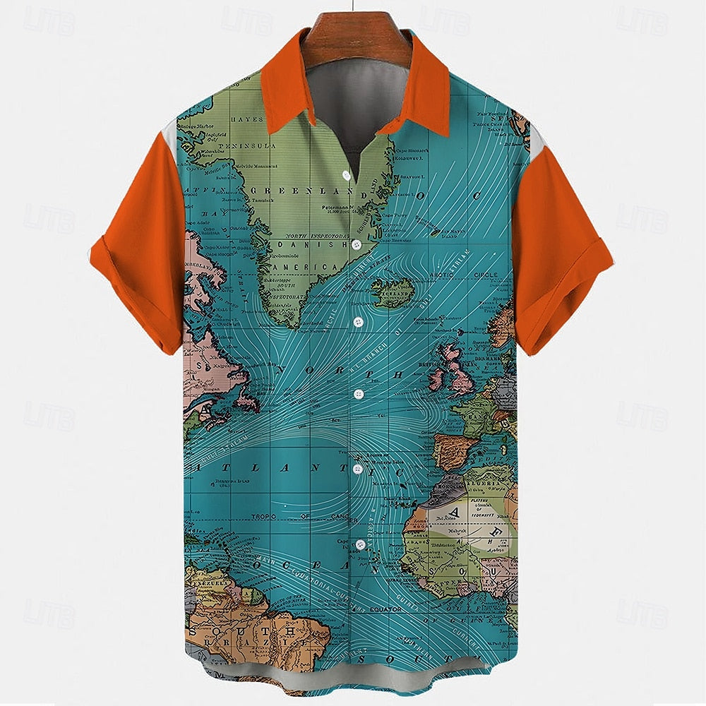 Camisa informal con botones y manga corta con mapa del mundo